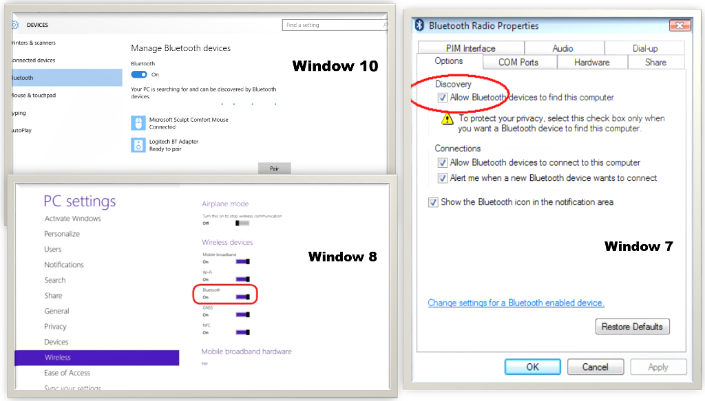 Bluetooth settings in window 7, window 8 and window 10